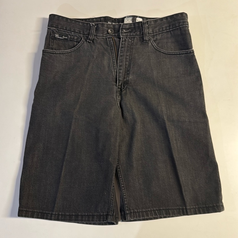 *ROCAWEAR MENS SIZE 34 GRAY 12" INSEAM EMBROIDERED 10-683-0 038-77 DENIM SHORTS